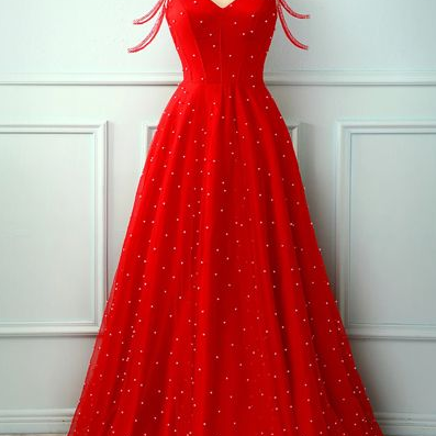 Red A Line Spaghetti Straps Beaded Long Prom Party..