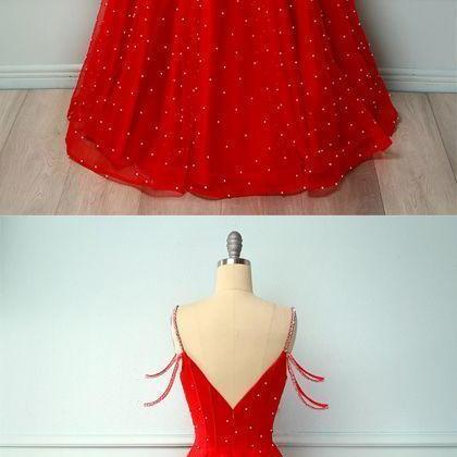 Red A Line Spaghetti Straps Beaded Long Prom Party..