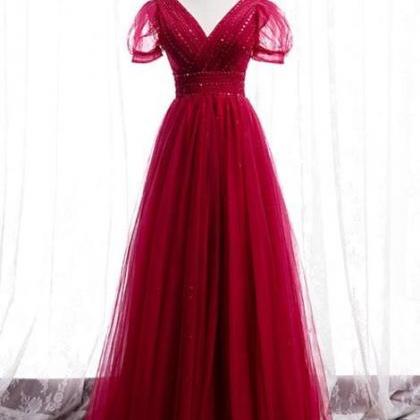A-line Red Tulle Long Formal Dress With Short..