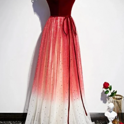 Pretty Red Tulle With Sequins Long Party Gown,..