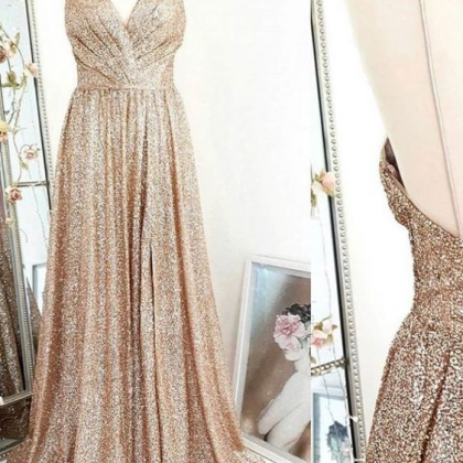 Gold v neck tulle sequin long prom dress gold evening dress   fg2703