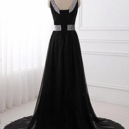 A-line Scoop-neck Sweep Train Tulle Black Prom..