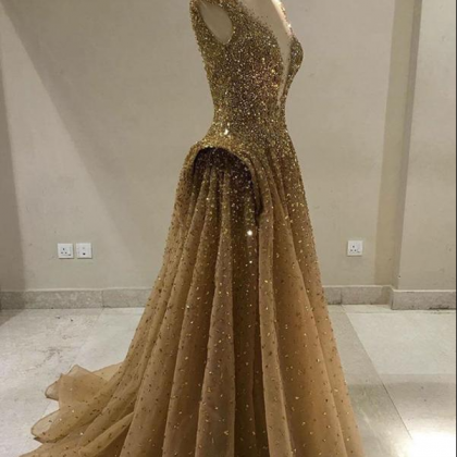 Gold Prom Dress A-line Scoop Custom Made Unique..