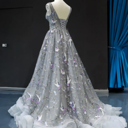 Grey Lace V Neck Prom Dress, A Line Vintage..