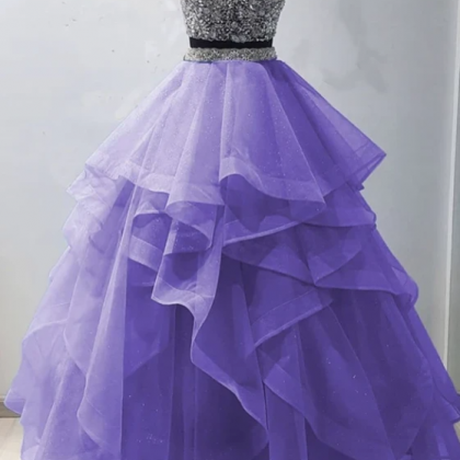 Two Pieces Tulle Beads Long Prom Gown Evening..