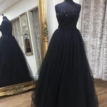 Black Tulle Sequins Long Prom Dress Formal..