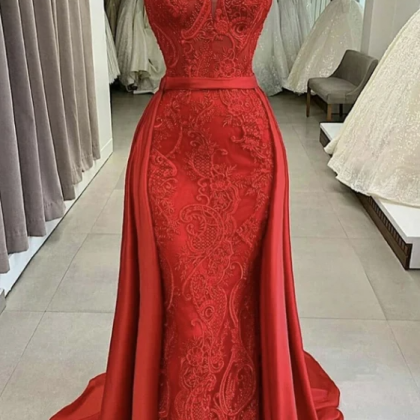 Red Lace Long Prom Dress Mermaid Evening..