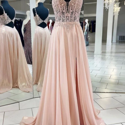 Pink Lace Applique Long Prom Dress Party..