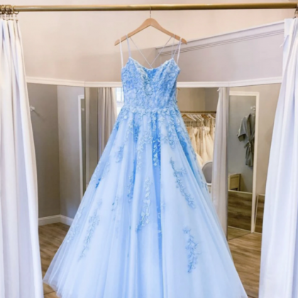 Blue Tulle Lace Long Prom Dress Blue Evening..