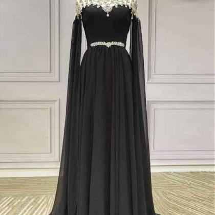 Black Chiffon A Line Prom Dress High Neck Custom..