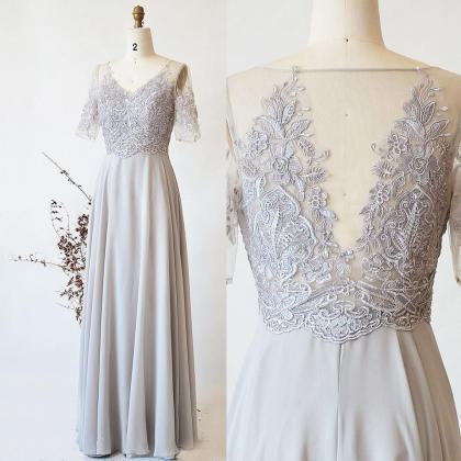 Grey Long Bridesmaid Dress, Half Sleeve Silver..