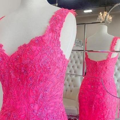 Mermaid Pink Lace Long Prom Dress,pl2616