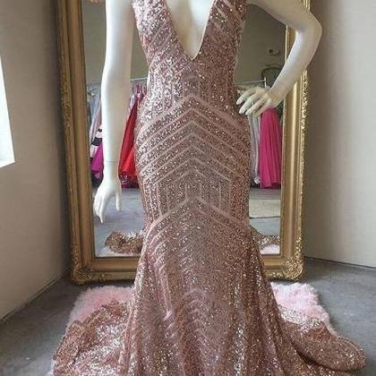 Deep V-neck Mermaid Rose Gold Sequins Long Prom..