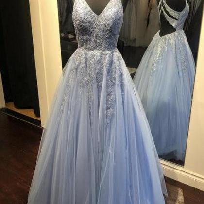 Blue V Neck Tulle Lace Long Prom Dress Evening..