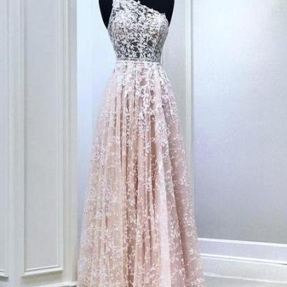 Pink Lace Long Prom Dress One Shoulder Evening..