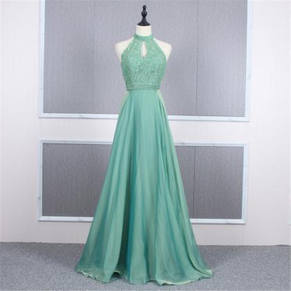 Halter Sleeveless Prom Dress Green,lace Prom..