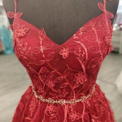 V Neck Burgundy Lace Long Prom Dresses, Burgundy Lace Formal Dresses, Burgundy Evening Dresses EP1565 main image 1