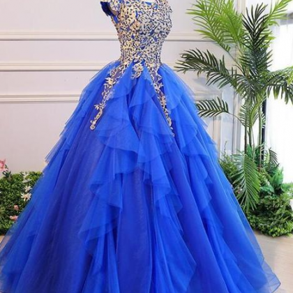 Royal Blue Cap Sleeves Long Ball Gown Party Dress,..