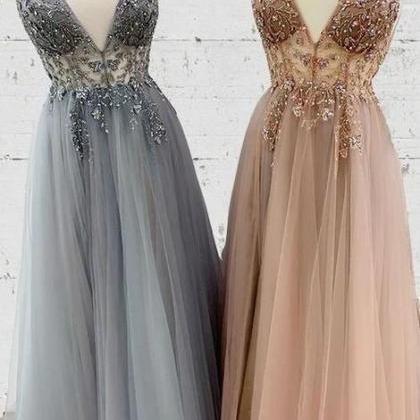 V Neck Prom Gown, Beaded Prom Gown, Spaghetti..