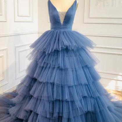 Blue Tiered Long Formal Gown,pl2690