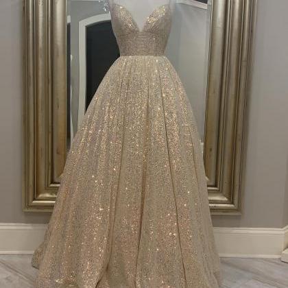 Champagne Glitter A-line Long Prom Gown,pl2691