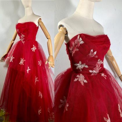 Vintage 50s Prom Dress / 1950s Red Tulle Ball Gown..