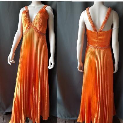 Vtg 80s Orange Pleated Rhinestone Formal Prom..