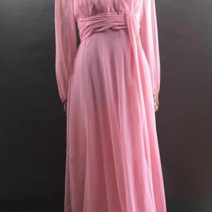 Vintage Formal Dress, Long Pink Chiffon Dress With..