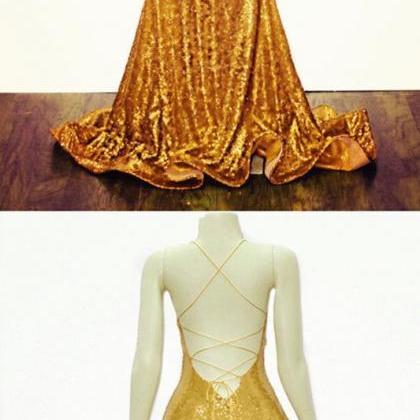 Gold Mermaid V-neck Cross Back Sequins Prom..