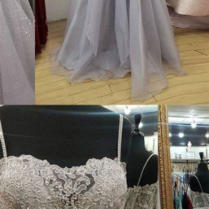 Gray Sweetheart Tulle Lace Long Prom Dress Tulle..
