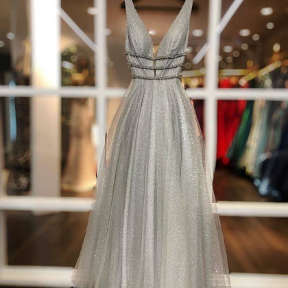 Gray Prom Dress,tulle Prom Gown,v-neck Evening..