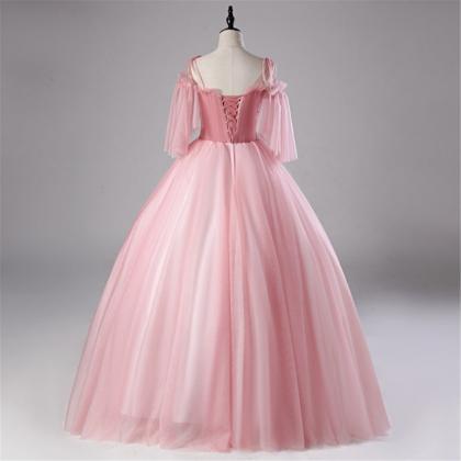 Romantic Pink Quinceanera Dress Illusion Sleeves..