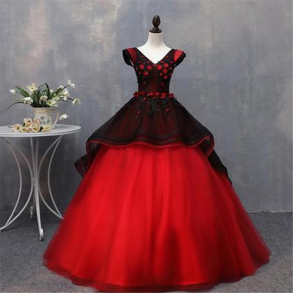 Red Black Ball Gown Vintage Flower Prom Dress..