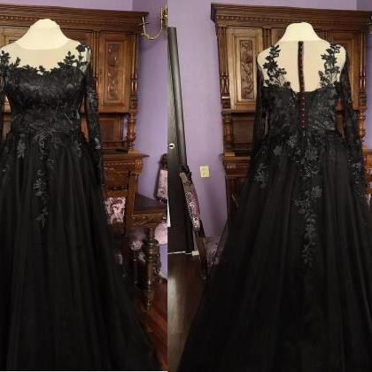 Black Lace Wedding Dress With Long Sleeves And..