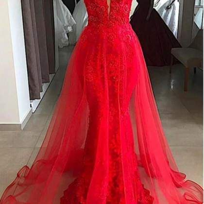 Red Lace Cap Sleeve Long V Neck Formal Prom Dress,..