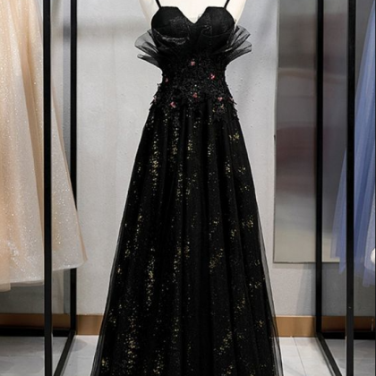 A-line Straps Black Long Prom Dress With..
