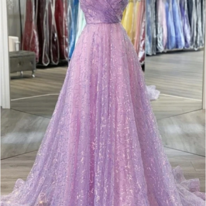 Purple Tulle Sequins Long Prom Dress Evening..