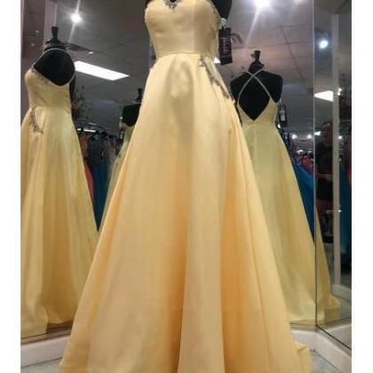 Keyhole Long A-line Yellow Satin Prom Dresses,..
