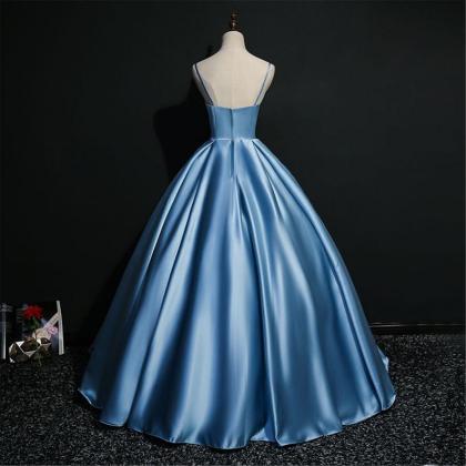 Blue Satin Prom Dress Spaghetti Strap Ball Gown..