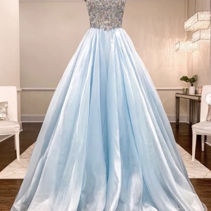Blue Chiffon Beads Long Prom Gown,pl2895