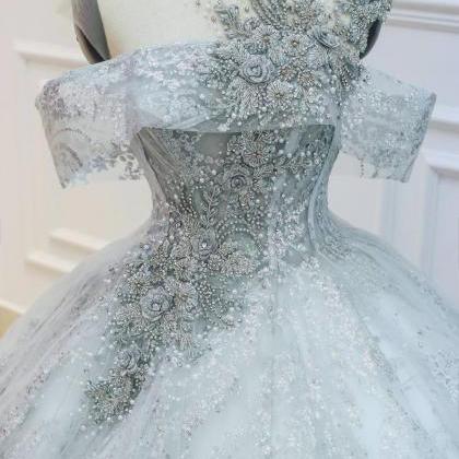 Sparkly Grey Sleeveless Or Drop Sleeves Ball Gown..