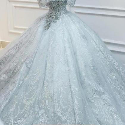 Sparkly Grey Sleeveless Or Drop Sleeves Ball Gown..