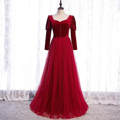 !! Elegant Red Formal Dress With Long Sleeve //..