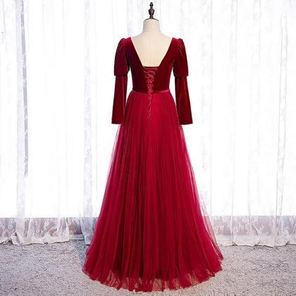 !! Elegant Red Formal Dress With Long Sleeve //..