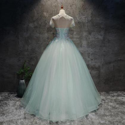 Gorgeous Mint Green Tulle Cap Sleeves Floral Sweet..