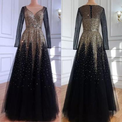A-line Black And Gold Sparkle Sequinned Beaded..