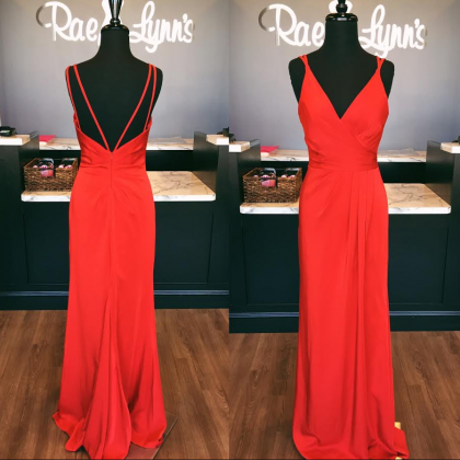 Red V Neck Prom Dress, Long Prom Dresses Party..