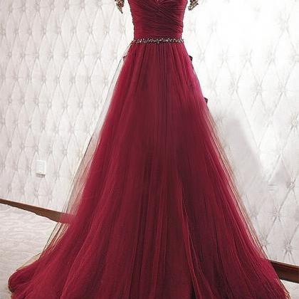 Fashion Burgundy Tulle Beaded Long Prom Dresses..