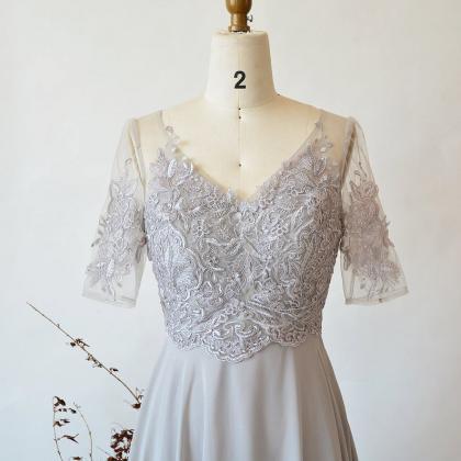 Grey Long Bridesmaid Dress, Half Sleeve Silver..