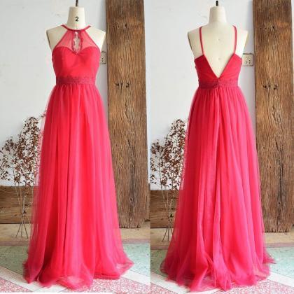 Red Colored Bridesmaid Dress Halter Neckline Open..